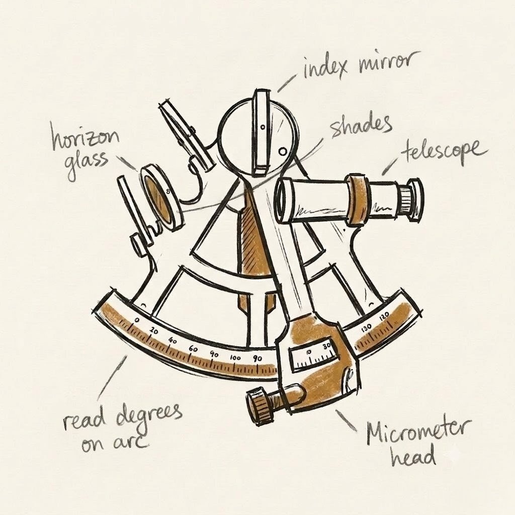 Labelled sextant diagram showing index mirror, shades, telescope, horizon glass, arc graduation, and micrometer head